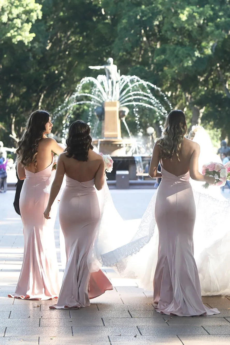 Blush Pink Long Bridesmaid Dresses Sweetheart Mermaid With Sweep Train PB153