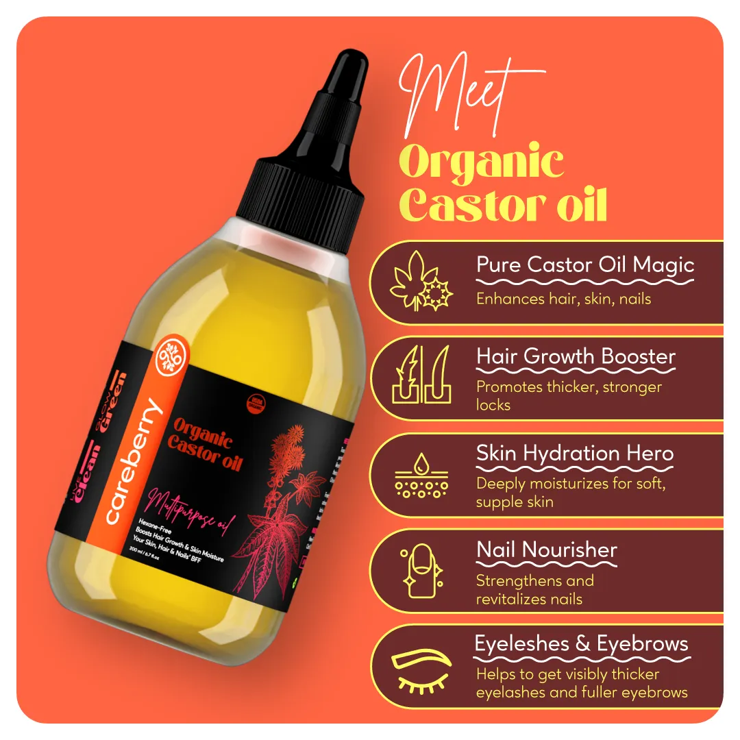 Careberry Organic Cold Pressed Castor Oil (Arandi Oil), Hexane Free, 100% Natural & Cold Pressed, Ayush Certified Ayurvedic 200ml