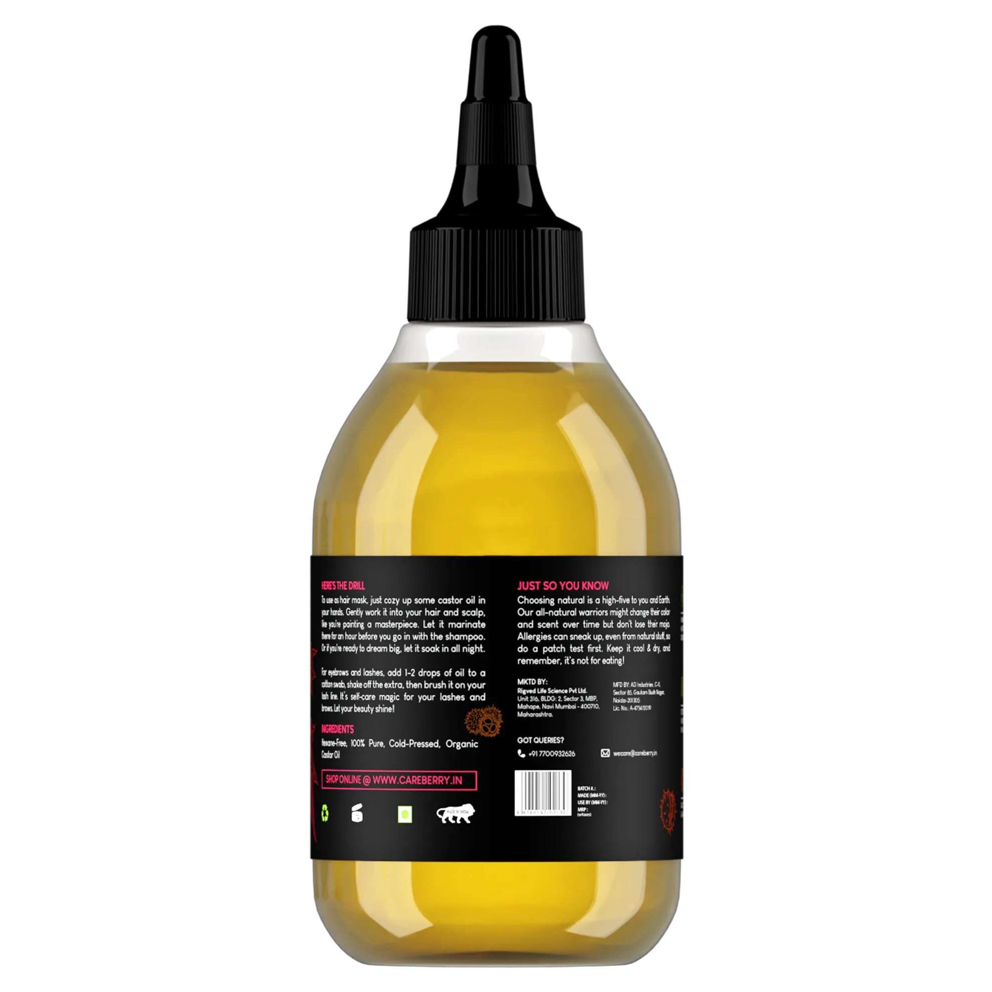 Careberry Organic Cold Pressed Castor Oil (Arandi Oil), Hexane Free, 100% Natural & Cold Pressed, Ayush Certified Ayurvedic 200ml