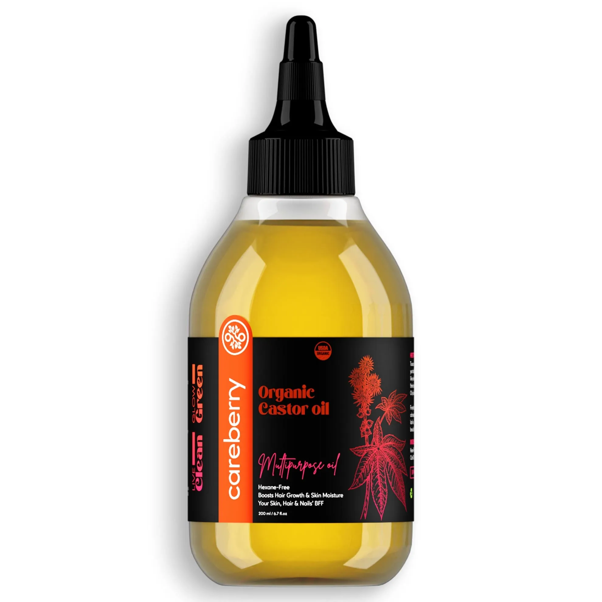 Careberry Organic Cold Pressed Castor Oil (Arandi Oil), Hexane Free, 100% Natural & Cold Pressed, Ayush Certified Ayurvedic 200ml