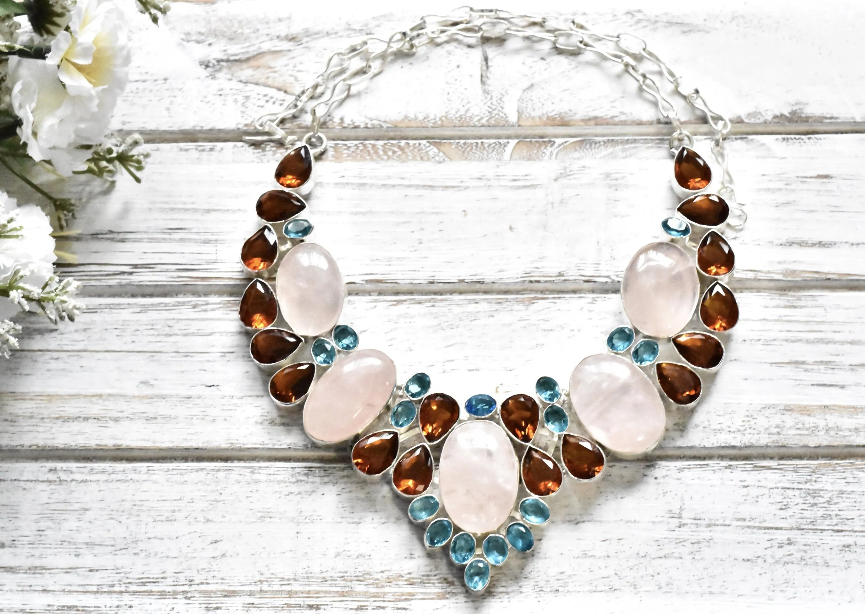 Rose Quartz Blue Topaz necklace