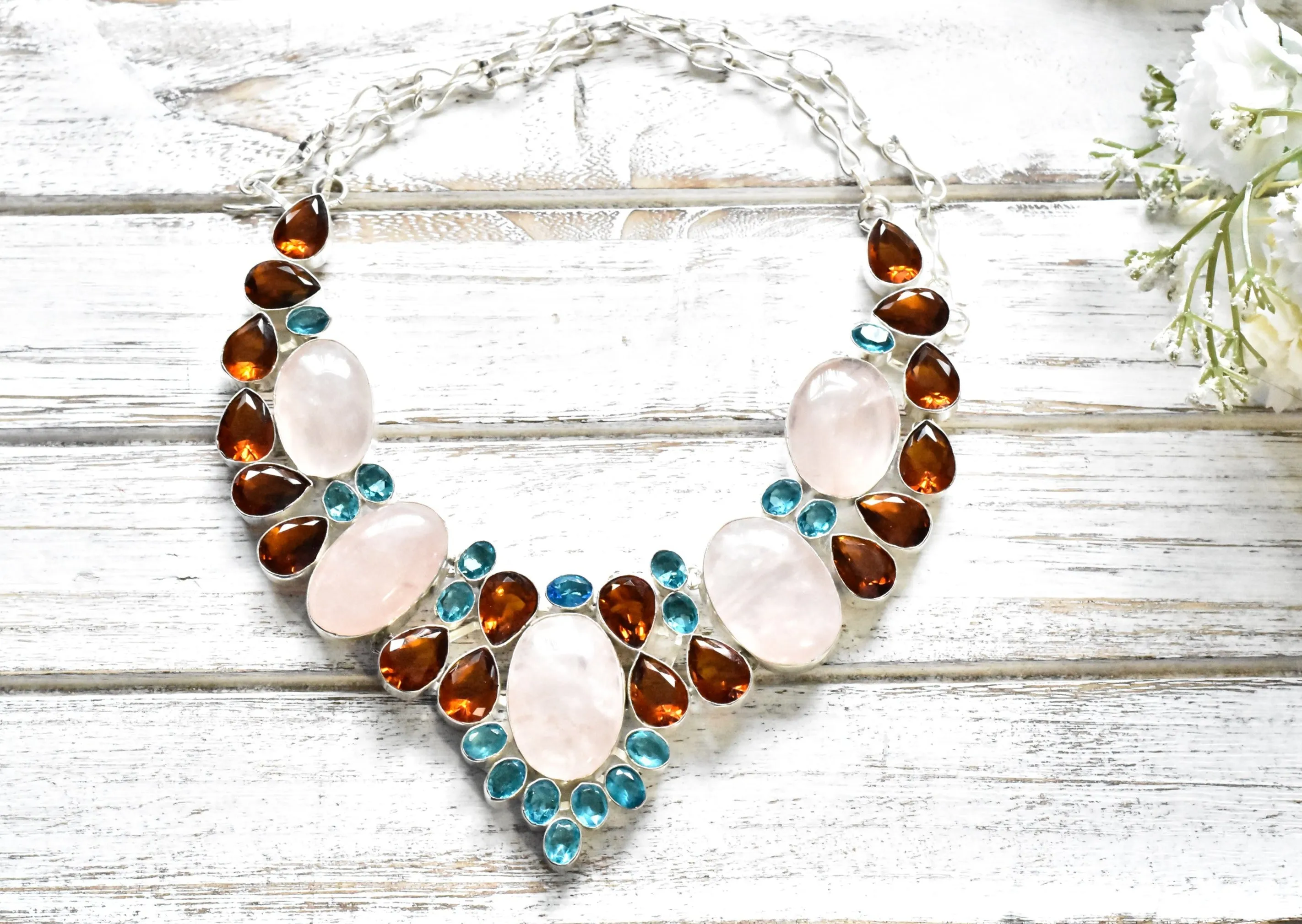 Rose Quartz Blue Topaz necklace